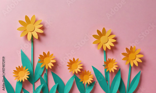 Paper flowers are arranged in a row on a pink background
