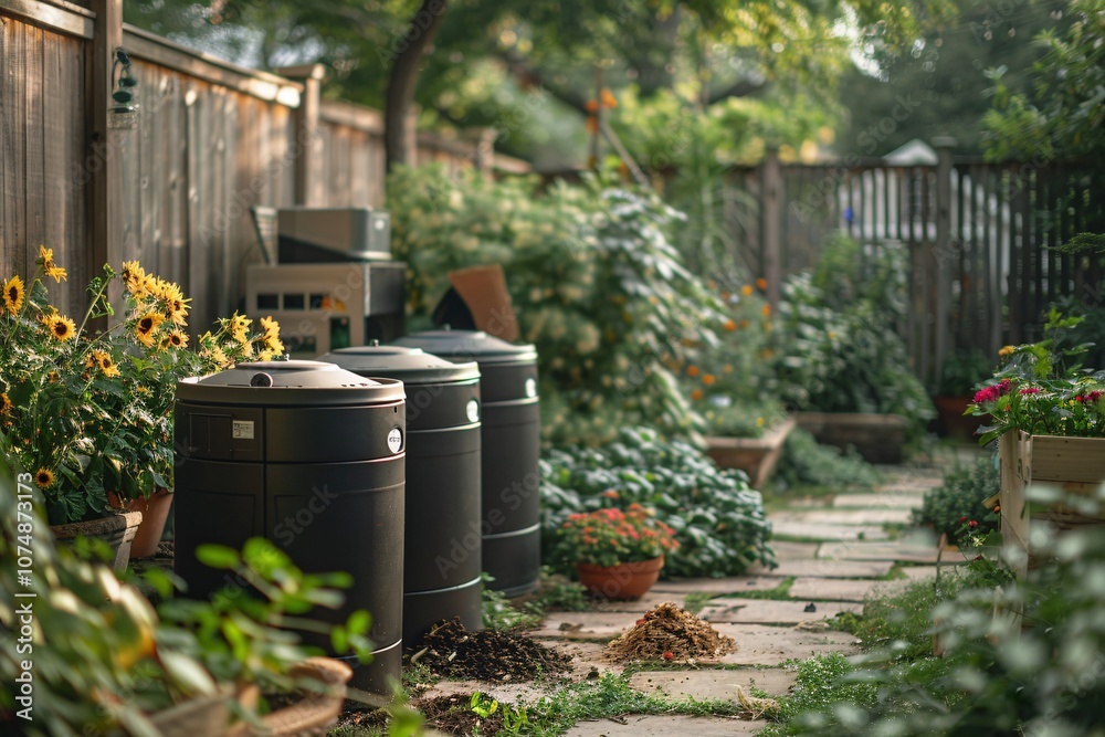 Obraz premium The tranquil garden features several compost bins surrounded by flourishing flowers and greenery, creating a serene atmosphere filled with vibrant colors and natural beauty