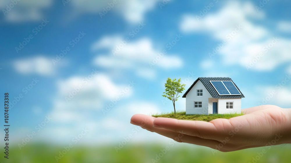 A miniature house on a hand, highlighted by icons of green technology, solar panels, and efficiency ratings, symbolizing eco-friendly home renovations and savings. A miniature house on a hand, highlighted by icons of green technology, solar panels, and efficiency ratings, symbolizing eco-friendly home renovations and savings.