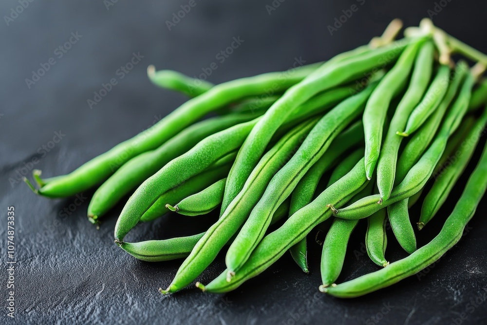 A bunch of fresh green beans arranged on a dark surface. A bunch of fresh green beans arranged on a dark surface.