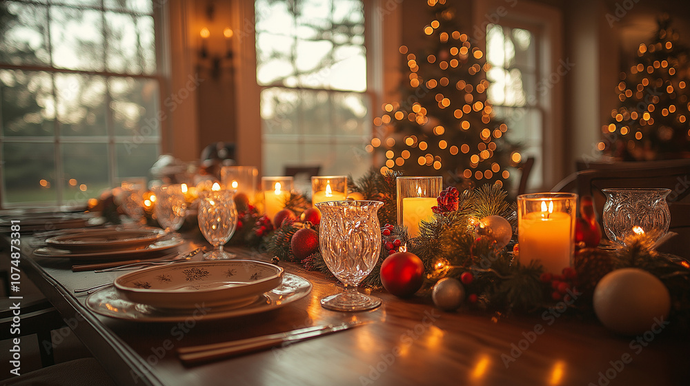 Elegant Christmas Dinner Table with Candlelight, Festive Garland, and Holiday Decor in Cozy Setting Elegant Christmas Dinner Table with Candlelight, Festive Garland, and Holiday Decor in Cozy Setting