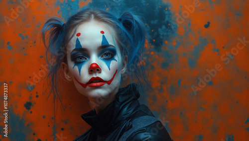 A woman with blue hair and a clown face paint