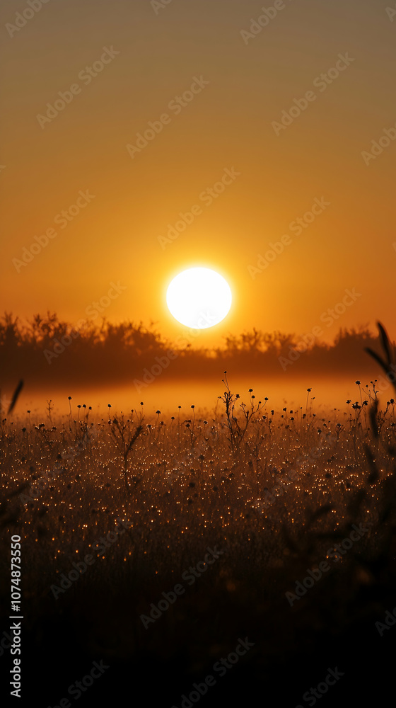 Obraz premium A breathtaking sunrise casts a golden glow over a field of grass and mist.