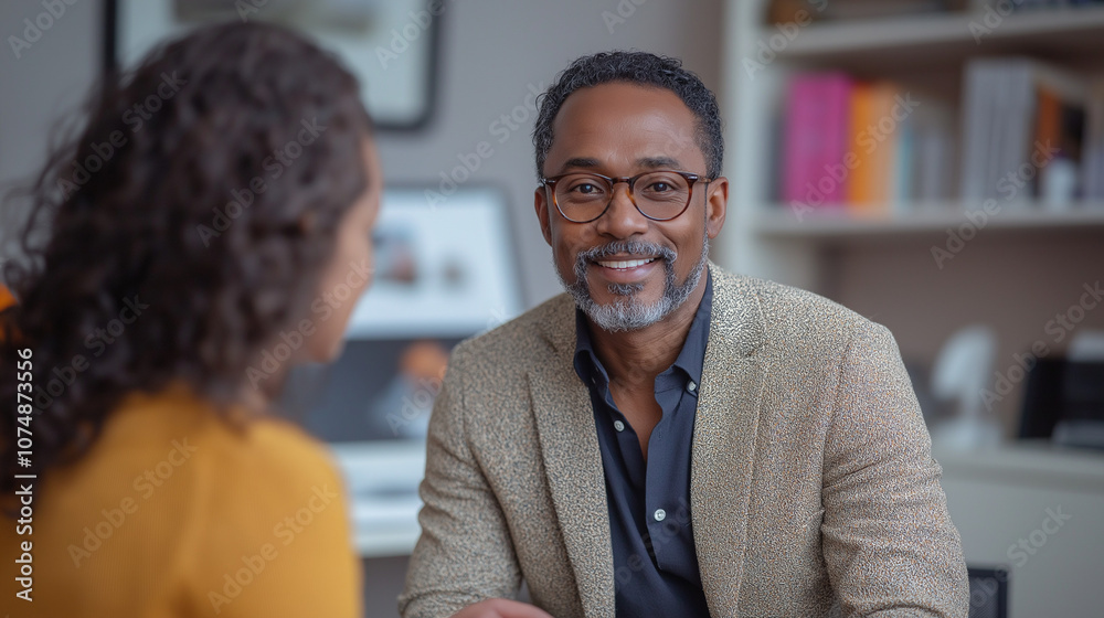 Professional Meeting in Office Setting with Friendly Smiling Consultant and Client Interaction Professional Meeting in Office Setting with Friendly Smiling Consultant and Client Interaction