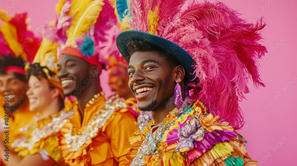 Fototapeta premium Vibrant carnival performers in colorful feathered costumes