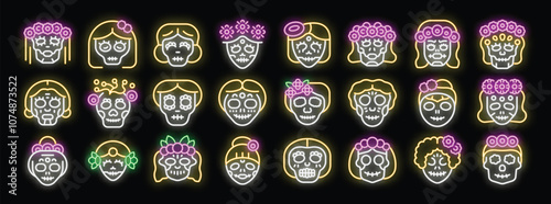 Glowing neon catrina skulls, adorned with vibrant floral crowns, capture the spirit of dia de los muertos