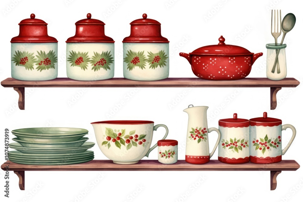 Fototapeta premium PNG Christmas printed kitchen ware porcelain shelf food.