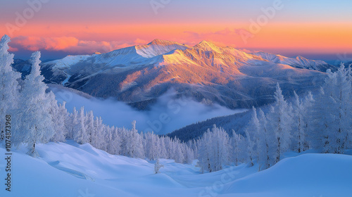 Majestic Snow-Covered Mountain Range at Sunrise with Frosty Trees and Pink Sky