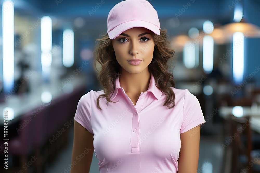 A girl in pink sportswear is standing on the golf club fairground. A girl in pink sportswear is standing on the golf club fairground.