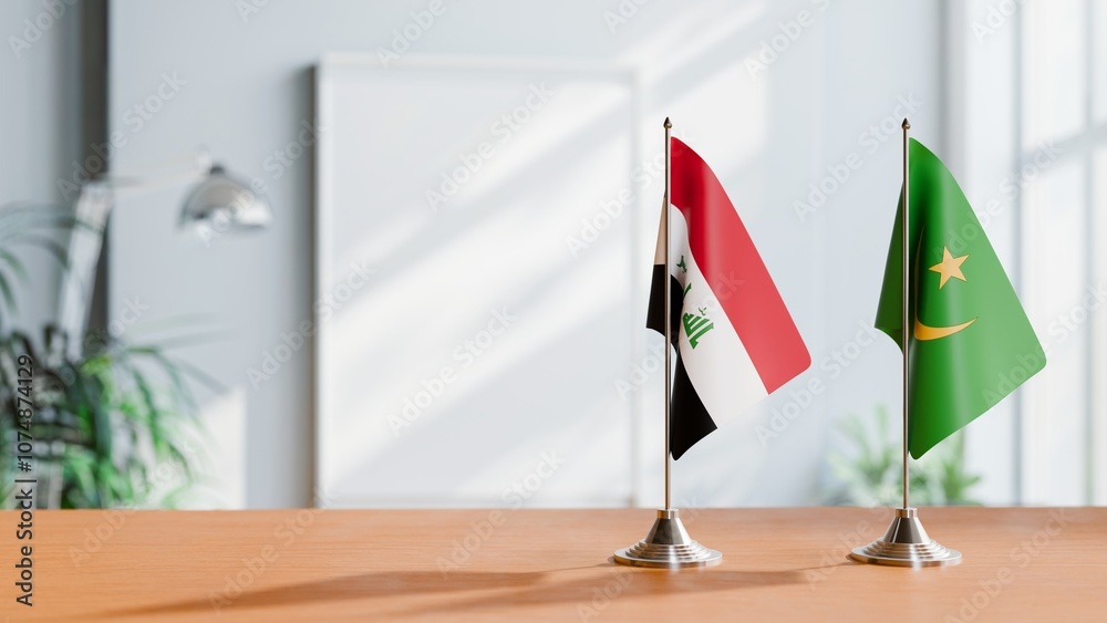 FLAGS OF IRAQ AND MAURITANIA ON TABLE FLAGS OF IRAQ AND MAURITANIA ON TABLE