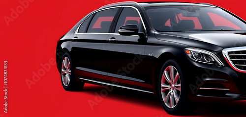 Black luxury car on red background with space for text
