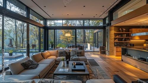 Modern Living Room with Large Windows Offering Forest and Pool Views