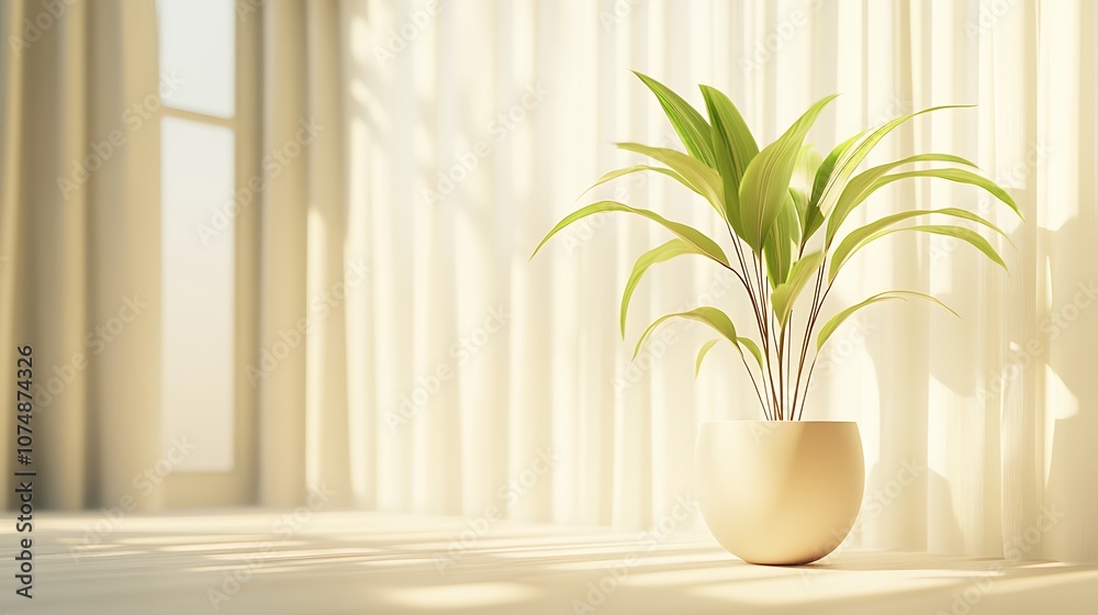 A potted plant sits on a windowsill with sheer curtains and sunlight streaming through. A potted plant sits on a windowsill with sheer curtains and sunlight streaming through.