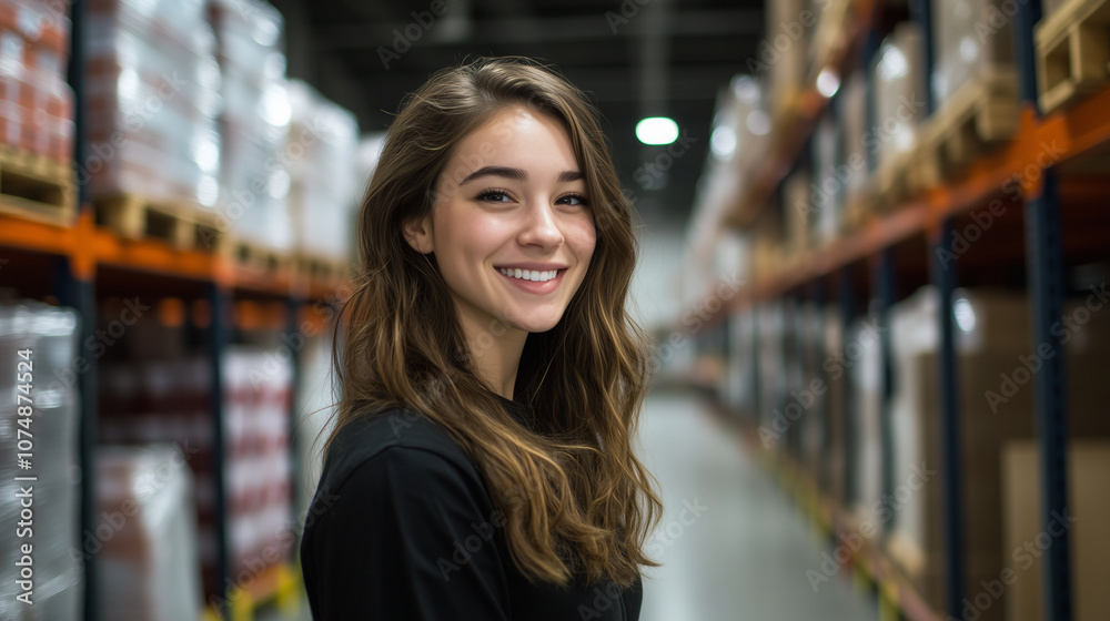 A female warehouse worker smiling confidently with a barcode scanner in hand, ready to manage stock in a busy, well-organized storage facility. A female warehouse worker smiling confidently with a barcode scanner in hand, ready to manage stock in a busy, well-organized storage facility.