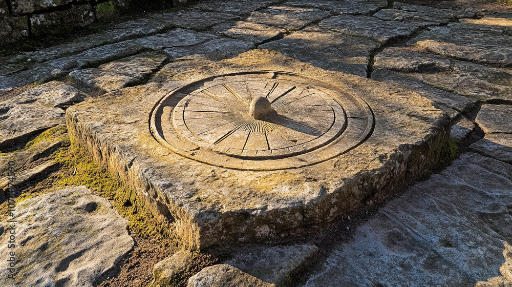 A weathered sundial etched in stone, casting shadows that hint at ancient timekeeping methods. A weathered sundial etched in stone, casting shadows that hint at ancient timekeeping methods.