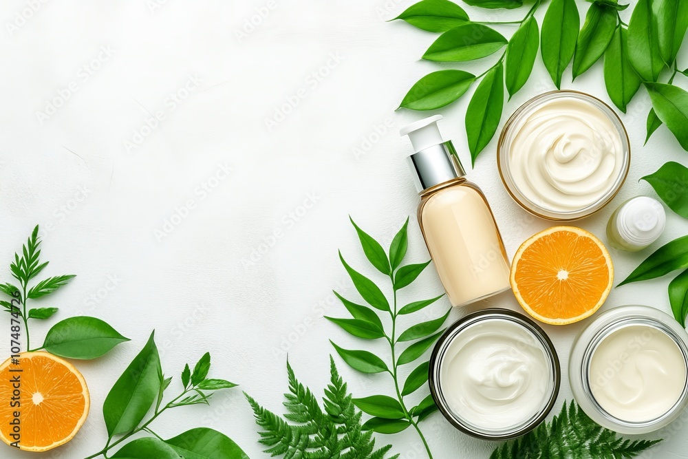 Envases de crema blanca y un dispensador dorado, decorados con hojas verdes frescas y rodajas de naranja, dispuestos sobre un fondo claro.
Envases de crema blanca y un dispensador dorado, decorados con hojas verdes frescas y rodajas de naranja, dispuestos sobre un fondo claro.