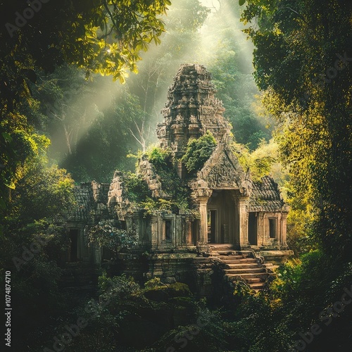 Ancient Temple Emerging From Lush Jungle Light