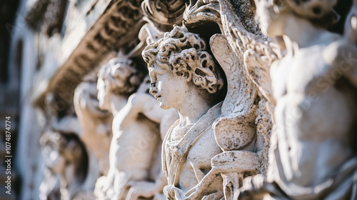 Close-up of stone relief sculptures depicting scenes from mythology, worn but still vivid. photo