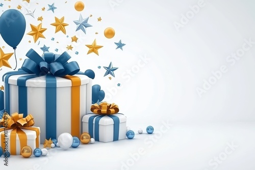  Cajas de regalo con lazos azules y dorados, acompañadas de globos, estrellas y bolas decorativas, colocadas sobre un fondo blanco festivo.
