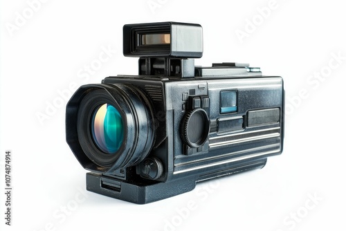 Vintage black camera with lens and viewfinder.