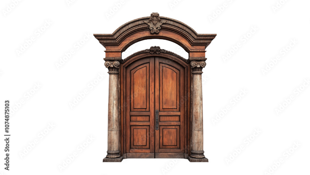Classic Wooden Door Flanked by Decorative Columns Isolated on Transparent Background. Classic Wooden Door Flanked by Decorative Columns Isolated on Transparent Background.