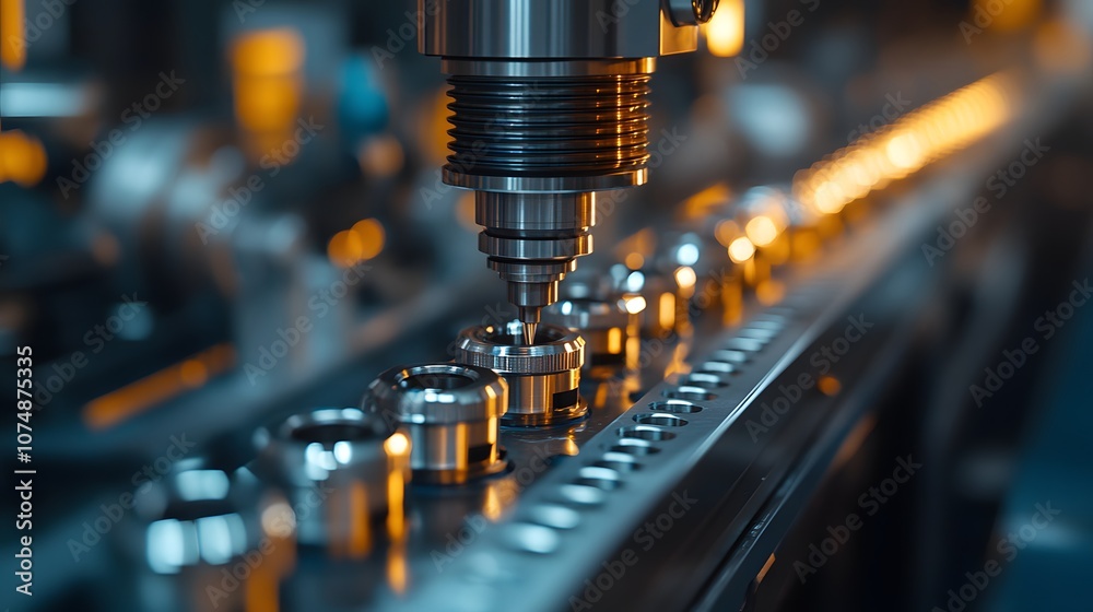 Robotic assembly line in automotive factory showing precision machinery and metallic parts, highlighting industrial automation in clean environment with cool blue tones.