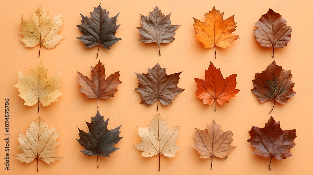 Arranged autumn maple leaves creating minimalist flat lay composition on light orange background, featuring dried leaves in warm brown tones with studio lighting. Arranged autumn maple leaves creating minimalist flat lay composition on light orange background, featuring dried leaves in warm brown tones with studio lighting.