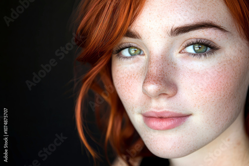 Portrait of a beautiful red haired woman with green hazel eyes on black background.