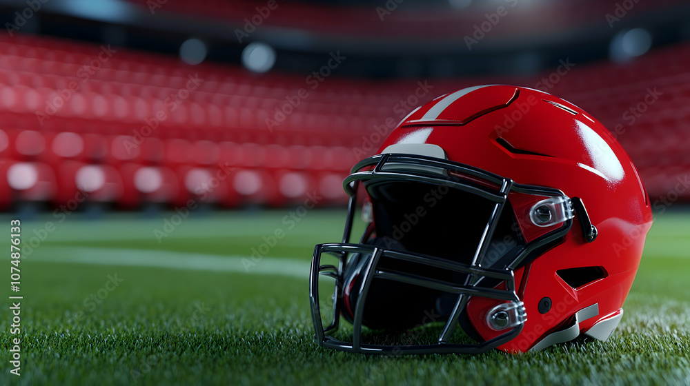 A vibrant red football helmet resting on the green turf in an empty stadium, symbolizing the anticipation of a thrilling game day atmosphere A vibrant red football helmet resting on the green turf in an empty stadium, symbolizing the anticipation of a thrilling game day atmosphere
