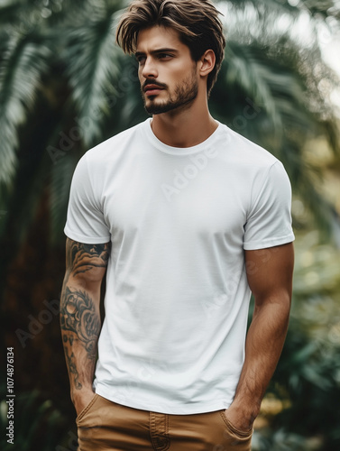 Aesthetic Male Model Posing in White T-Shirt Outdoors