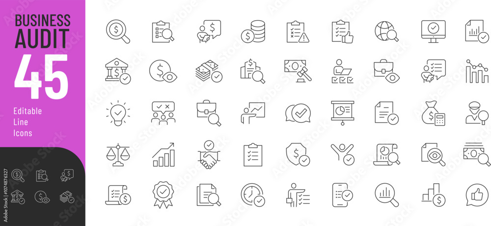 Business Audit Line Editable Icons set. Vector illustration in modern thin line style of business related icons: inspecting, control, finance, and more. Pictograms and infographics for mobile apps
