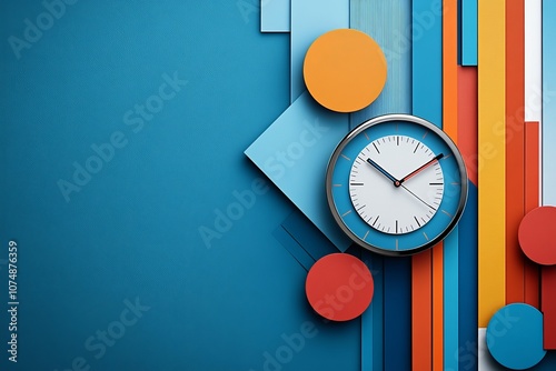  Un reloj moderno colocado sobre un fondo con formas geométricas coloridas en azul, naranja y rojo.
 photo