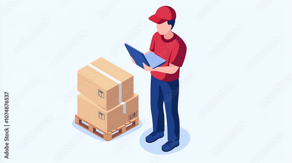 A delivery worker stands beside stacked boxes, checking inventory or a document in a cartoonish style, highlighting logistics and shipping operations. A delivery worker stands beside stacked boxes, checking inventory or a document in a cartoonish style, highlighting logistics and shipping operations.