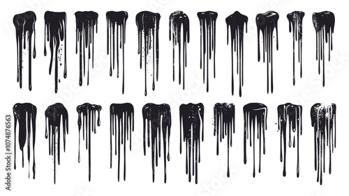 Liquid Drippings Hand-Drawn Linocut Grunge Texture Vector Set on White Background with Distressed Design Fluid Vintage Graphics Splash Collection Creative Artistic Design Elements