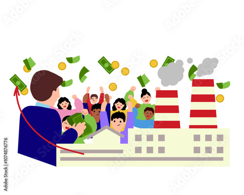 Government taking money from rich company and giving to the public. Vector simple color flat illustration.