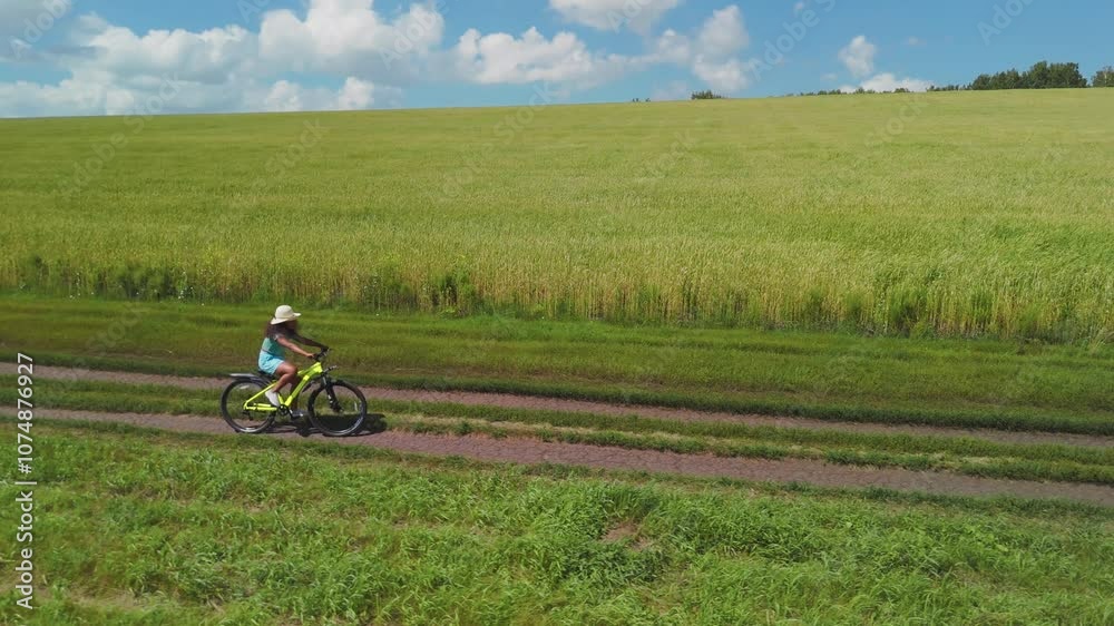 Cyclist rides on a rural path through lush fields on a sunny day Cyclist rides on a rural path through lush fields on a sunny day