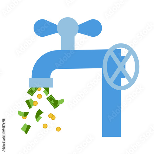 Money liquidity. Money flows from the faucet. Vector simple color flat illustration.