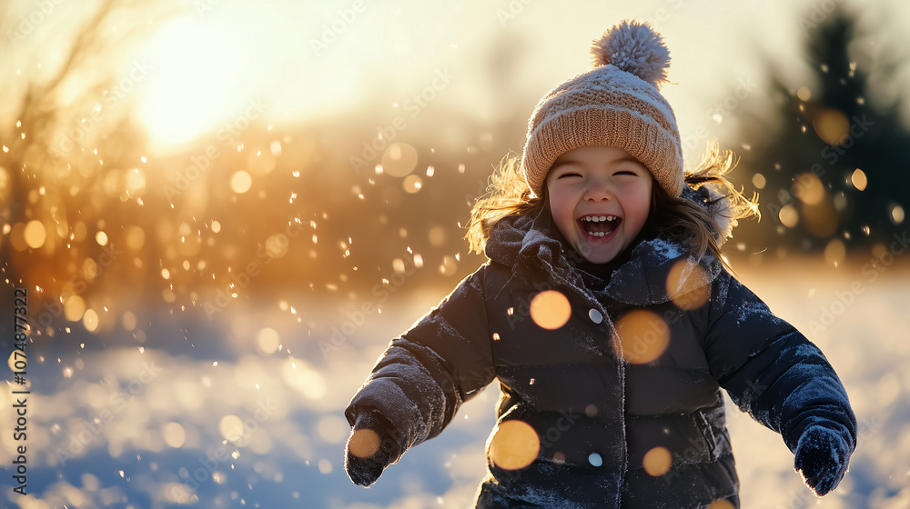 A child running through a snowy field, laughing and looking back over their shoulder, dressed in a puffy coat and knit hat with pom-pom. A child running through a snowy field, laughing and looking back over their shoulder, dressed in a puffy coat and knit hat with pom-pom.