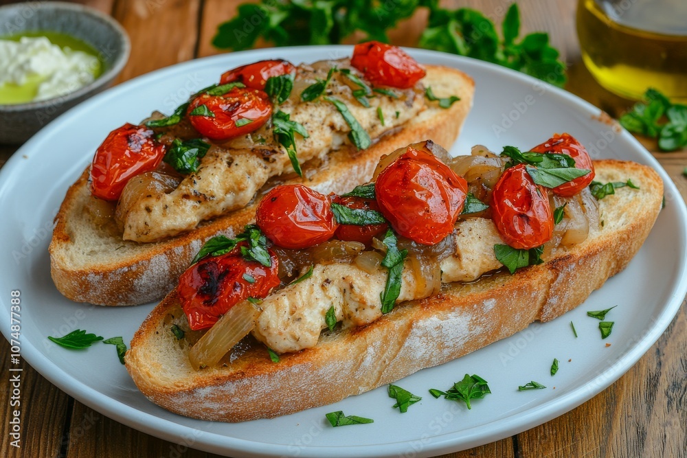 Bruschetta con pollo asado, tomates cherry caramelizados y perejil fresco, sobre pan crujiente.
Bruschetta con pollo asado, tomates cherry caramelizados y perejil fresco, sobre pan crujiente.