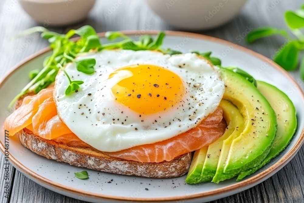 Plato de desayuno con tostada de aguacate, huevo frito y salmón ahumado, acompañado de brotes frescos.
Plato de desayuno con tostada de aguacate, huevo frito y salmón ahumado, acompañado de brotes frescos.