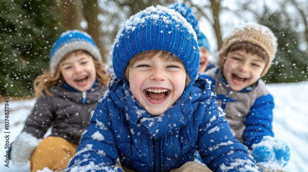 A joyful group of children sledding in the snow, laughing and enjoying a winter day filled with fun and adventure.