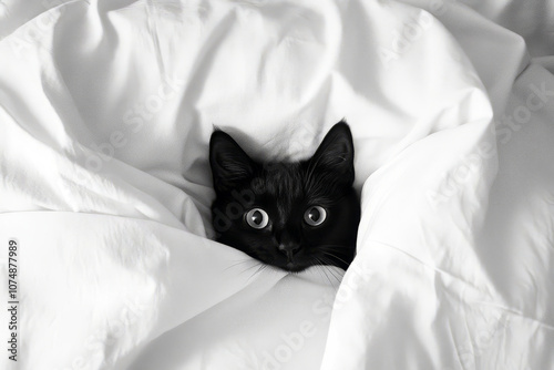 Cute black cat snuggling in bed with its head poking out of the covers.