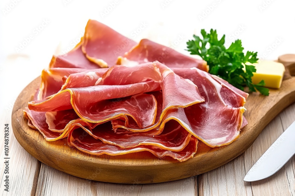 Finas lonchas de jamón curado presentadas sobre una tabla de madera, decoradas con perejil fresco.
Finas lonchas de jamón curado presentadas sobre una tabla de madera, decoradas con perejil fresco.
