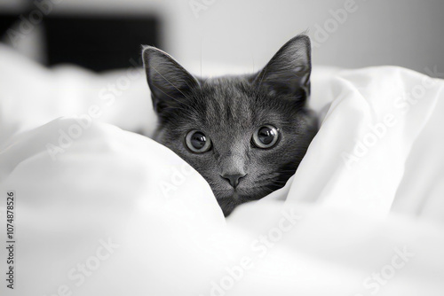 Cute grey cat playing in bed poking its head out of the duvet covers.