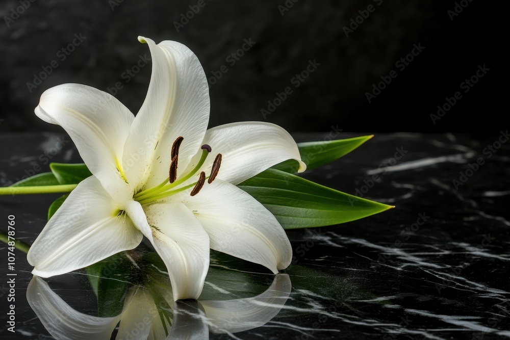 Fototapeta premium Elegant White Lily on Dark Marble Surface