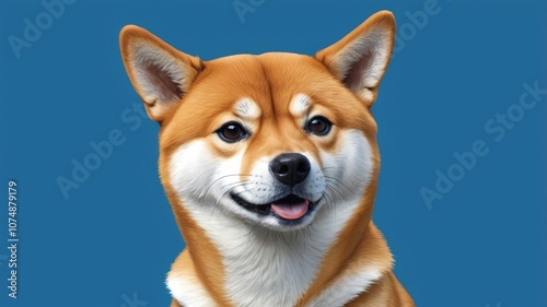 A smiling shiba inu dog against a vibrant blue background, exuding joy and playfulness.