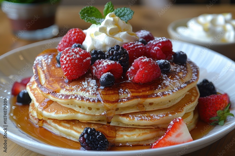 Stack of Pancakes Topped with Whipped Cream, Berries, and Maple Syrup Stack of Pancakes Topped with Whipped Cream, Berries, and Maple Syrup