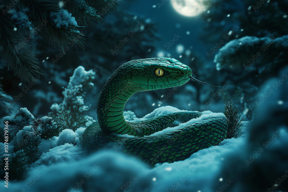 Green snake is emerging from the snow in a mystical winter forest at night with the full moon in the background Green snake is emerging from the snow in a mystical winter forest at night with the full moon in the background