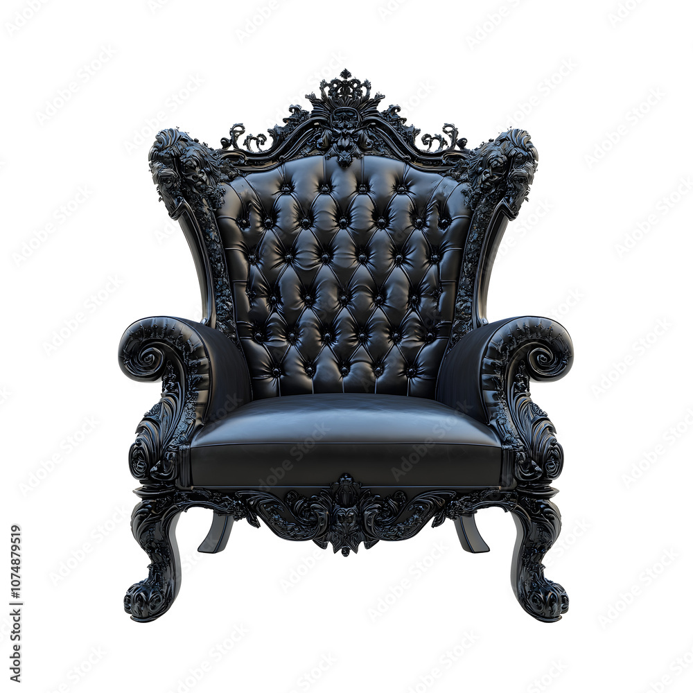 A black, ornate armchair with tufted upholstery and intricate carvings. A black, ornate armchair with tufted upholstery and intricate carvings.