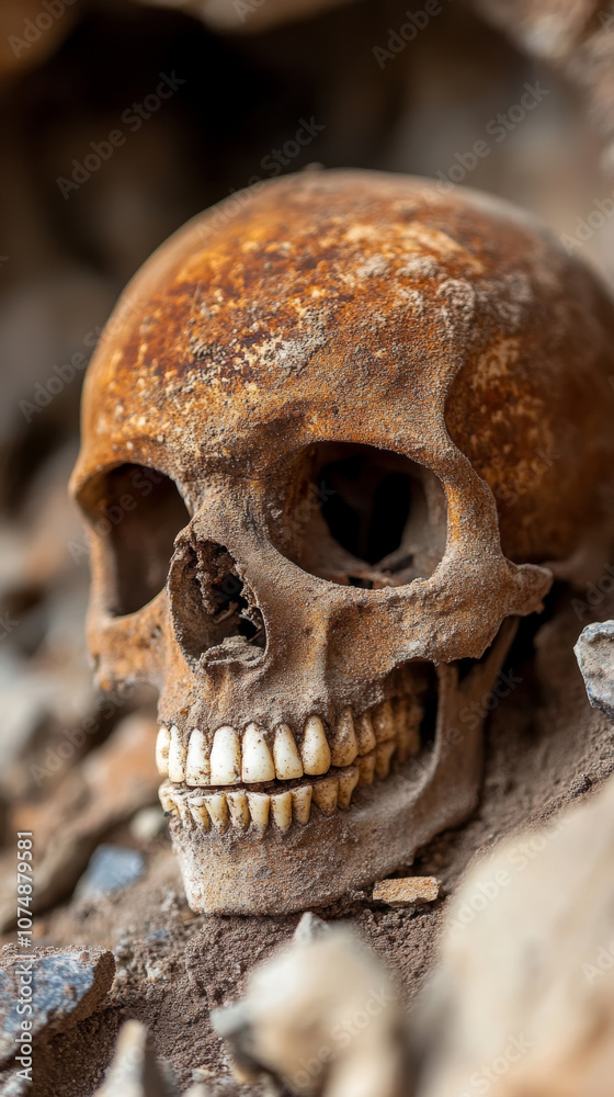 A close-up view of an ancient skull resting among rocks in an archaeological site during daylight A close-up view of an ancient skull resting among rocks in an archaeological site during daylight